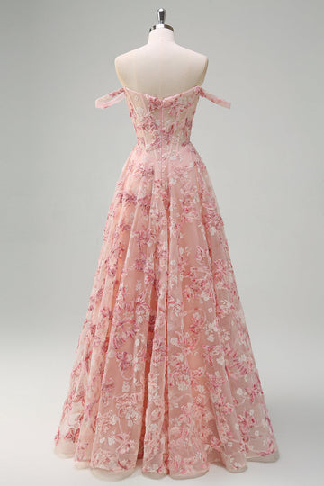 Rosa floreale Off The Shouder A-Line corsetto Abito da cerimonia con fessura